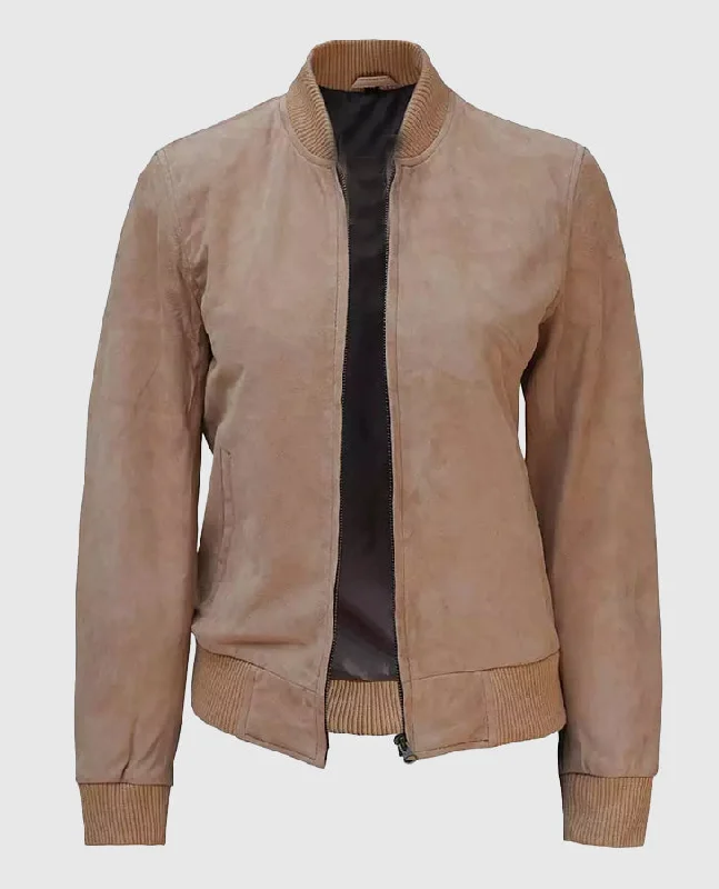 Women's Camel Suede Bomber Jacket Oversized Jacket Tailored Jacket Straight Jacket