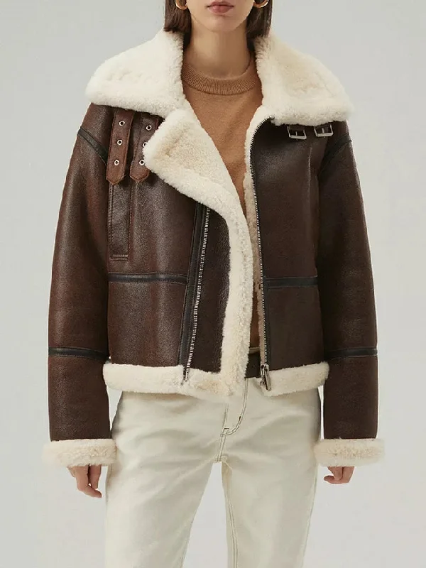 Women’s Chocolate Brown Leather Shearling Aviator Jacket Cotton Fabric Linen Fabric Terry Fabric