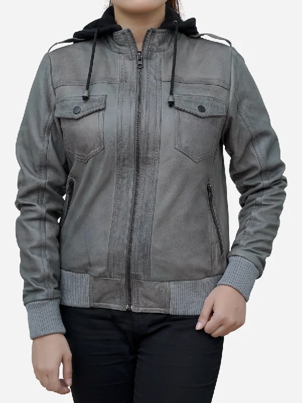 Women’s Cloud Grey Real Lambskin Hooded Leather Jacket Retro-Inspired Bomber