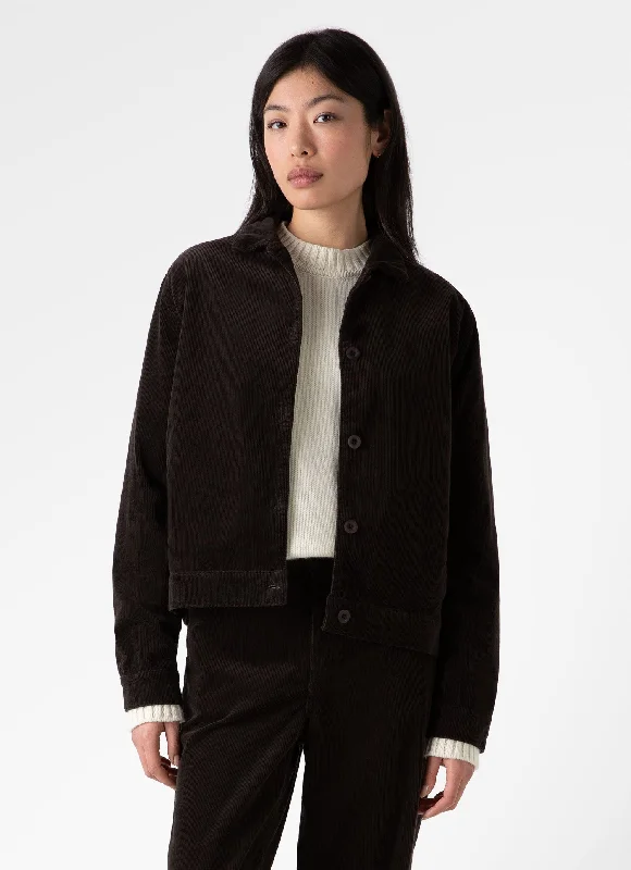 Women's Corduroy Boxy Jacket in Coffee Asymmetric Shoulder Overalls