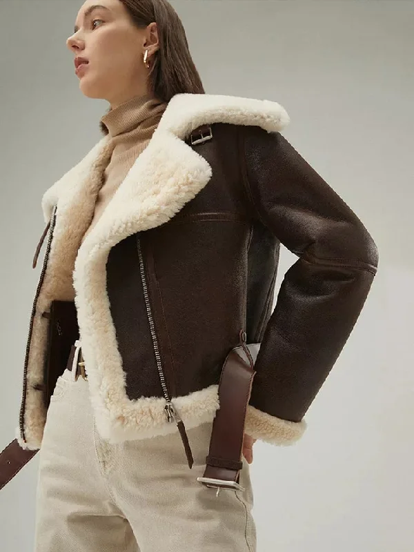Women’s Dark Brown Leather Shearling Coat Aviator Jacket Knit Fabric Woven Fabric Fleece Fabric