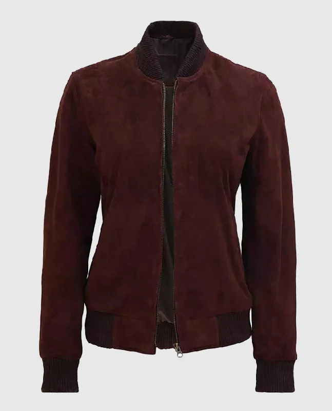 Women's Dark Brown Suede Leather Bomber Jacket Insulated Jacket Fitted Jacket Loose Jacket