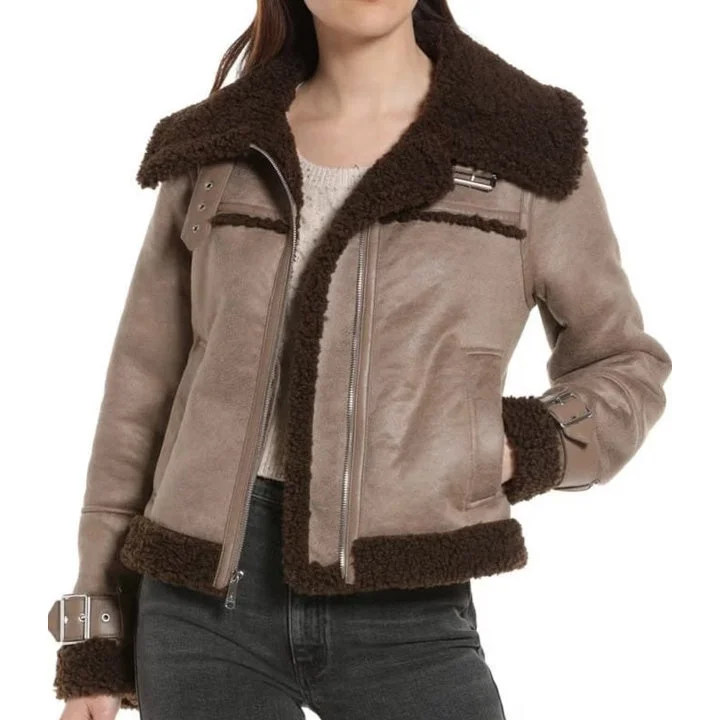 Women's Flight Aviator Pilot Shearling Sherpa Leather Jacket Jacket Blazer Coat