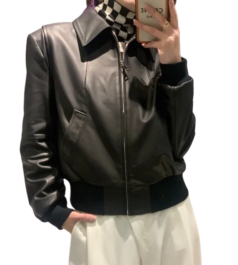 Womens Freyja Genuine Lambskin Leather Bomber Jacket Structured Wool Bomber
