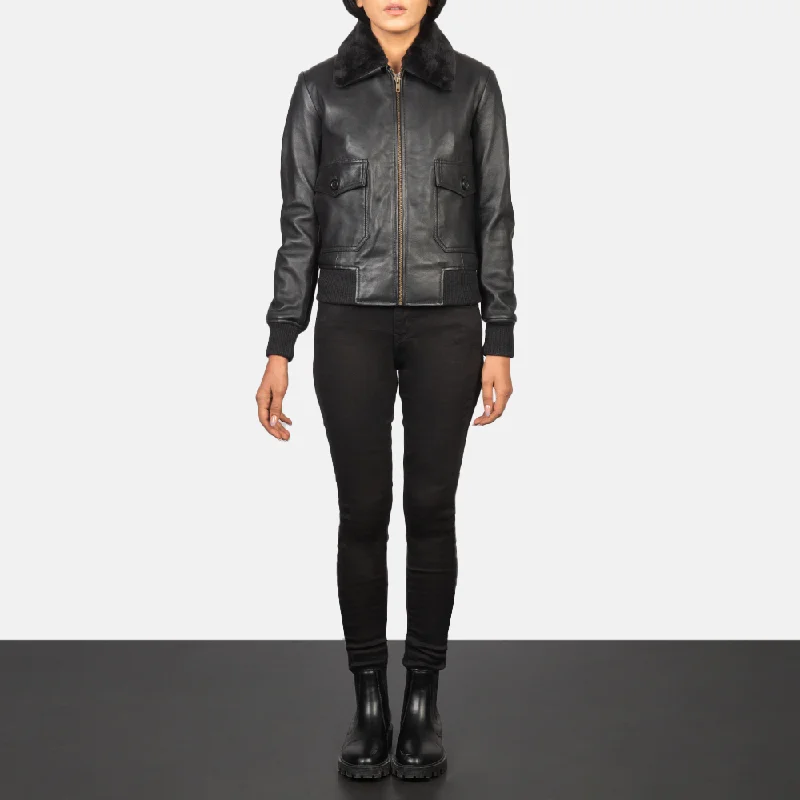 WOMEN's G-1 Black Leather Bomber Jacket Front Pockets Side Pockets Patch Pockets