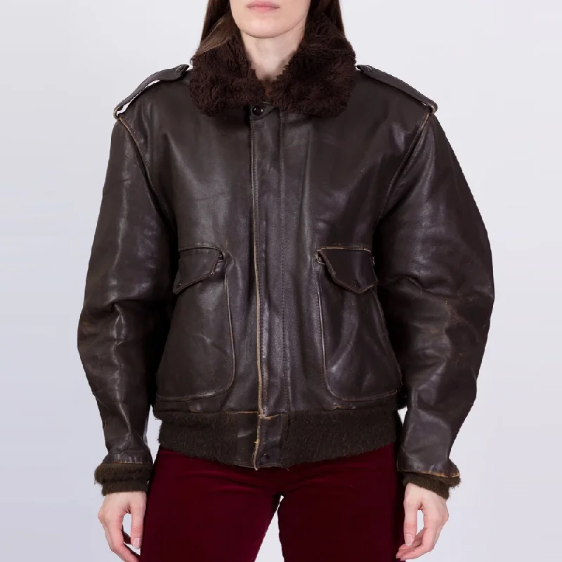 Women's G-1 Brown Sheepskin Leather Bomber Flight Jacket Water-Resistant Bomber