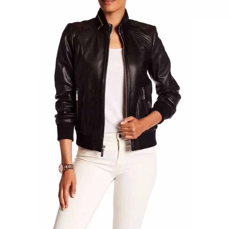 Womens Genuine Lambskin Black Leather Bomber Jacket Faux Fur Jacket Real Fur Jacket Shearling Jacket