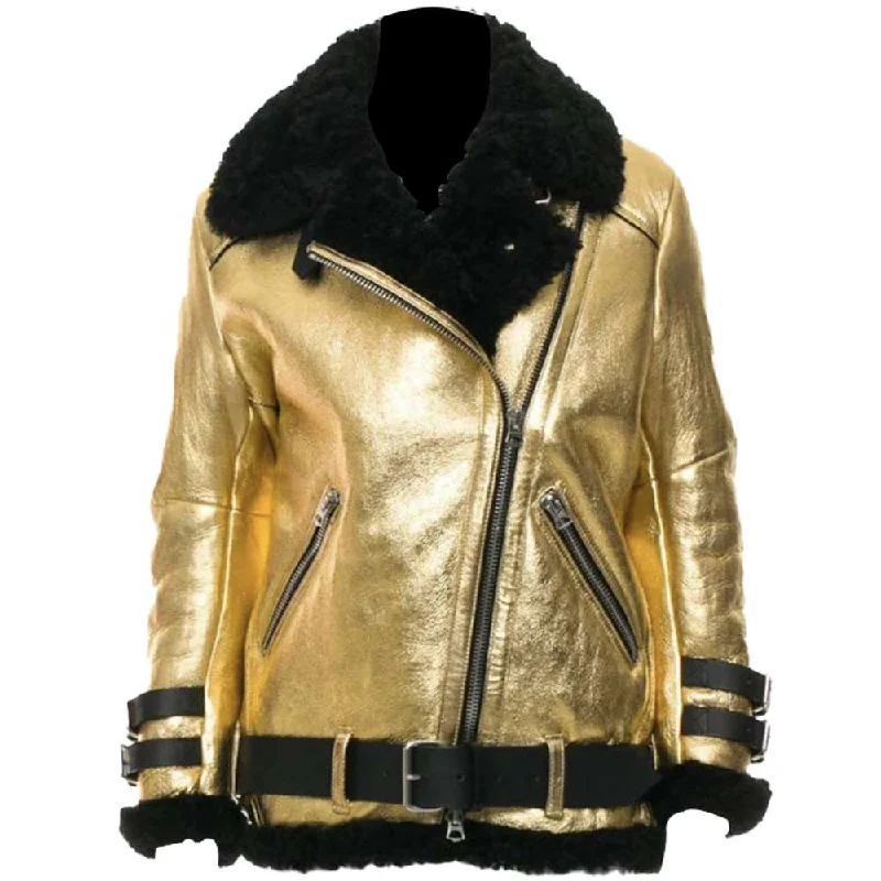 Women's Golden Leather Aviator Shearling Jacket Corduroy Jacket Velvet Jacket Brocade Jacket