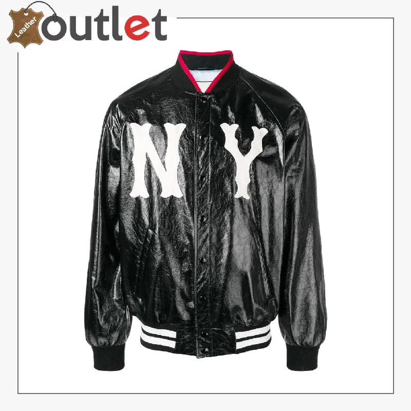 Womens Leather bomber jacket with NY Printed Stylish Shiny Bomber