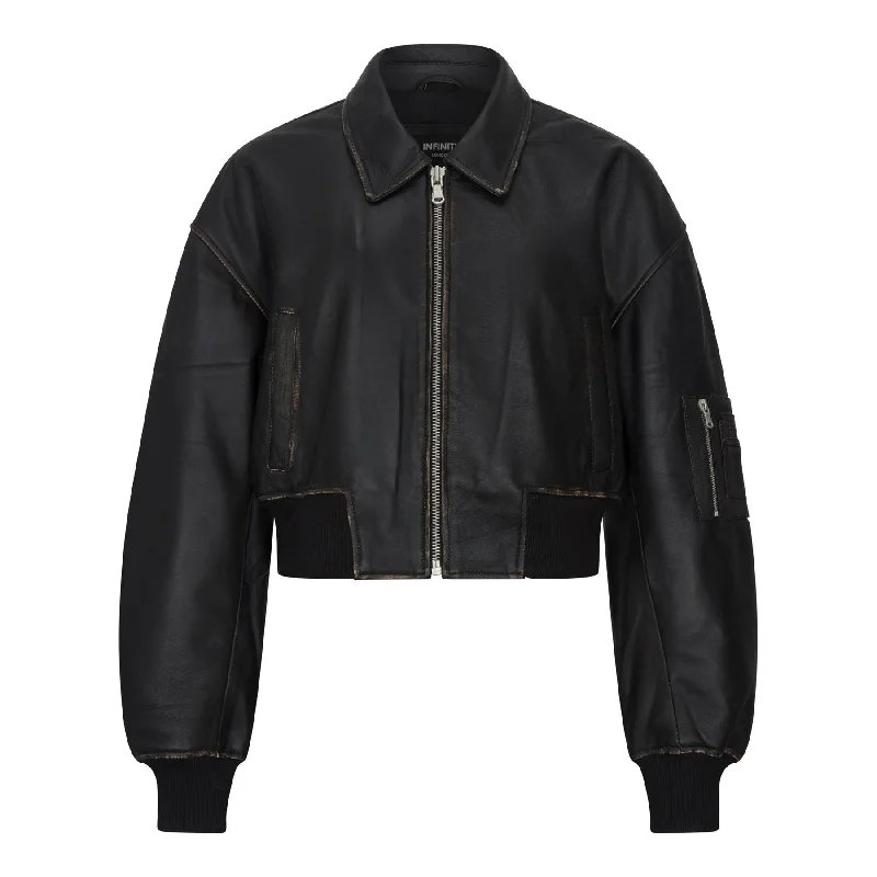 Women's Leather Jacket Cropped Bomber Zipper Short Coat Cozy Knit Bomber