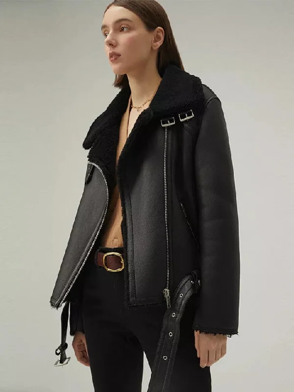 Women’s Matte Black Leather Black Shearling Coat Aviator Jacket A-Line Jacket Boat Neck Shawl Collar