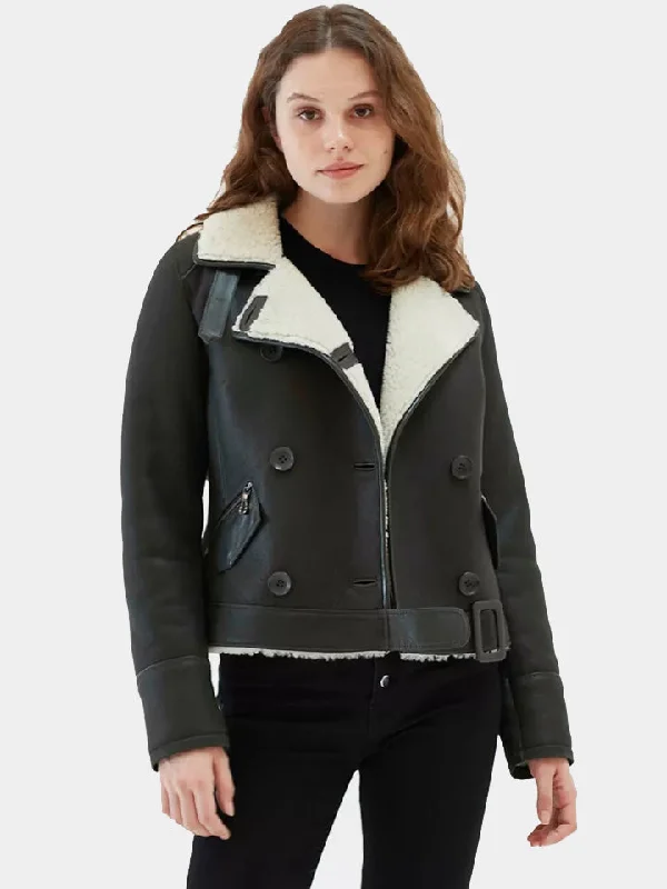 Women’s Matte Black Leather Shearling Coat Aviator Jacket Ribbed Jacket Pleated Jacket Ruffled Jacket