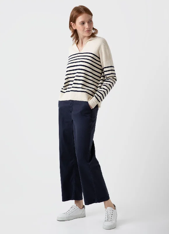 Women's Open Neck Jumper in Ecru/Navy Breton Stripe Soft Terrycloth Romper