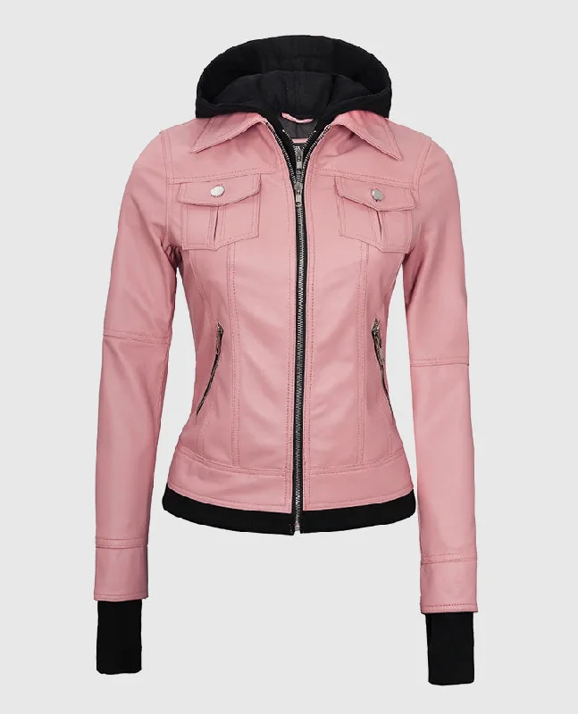 Women's Pink Bomber Leather Jacket with Hood Snapped Jacket Toggled Jacket Drawstring Jacket