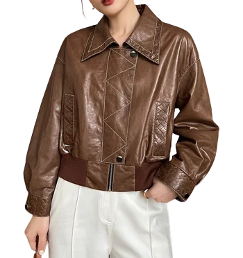 Womens Raelynn Genuine Lambskin Leather Bomber Jacket Colorful Patch Bomber