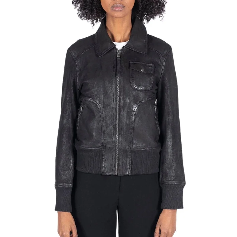 Womens Real Leather Bomber Jacket Short Zipped Retro Brown Tan Black Blue Grey Fuzzy Oversized Bomber