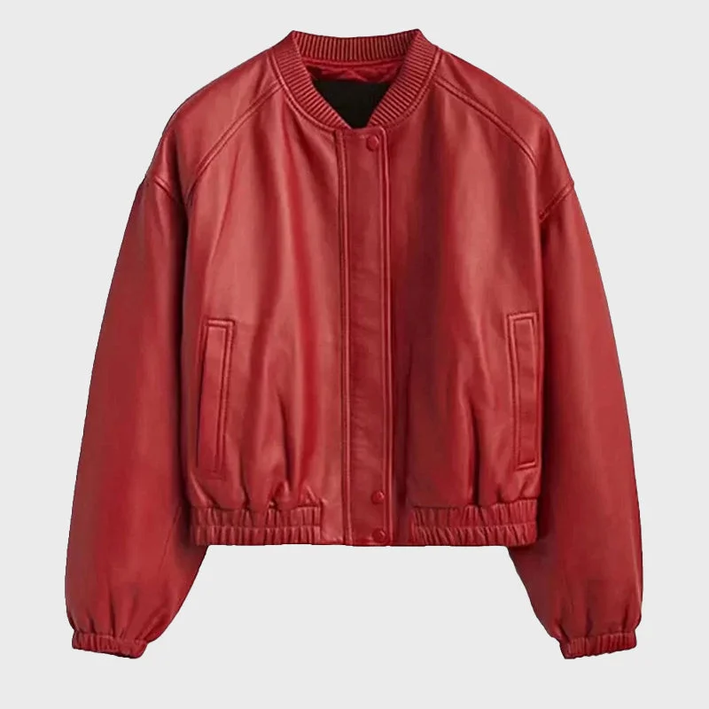 Women's Red Leather Bomber Jacket Bold Oversized Bomber