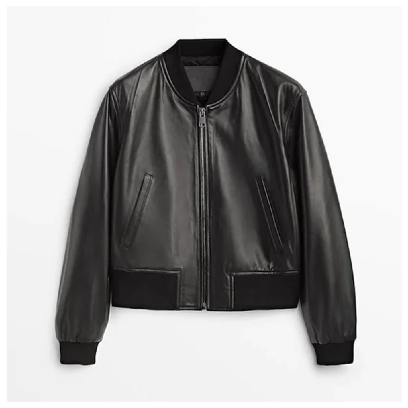Women's Sheepskin Shearling Bomber  Aviator  Leather Jacket Chic Color Block Bomber
