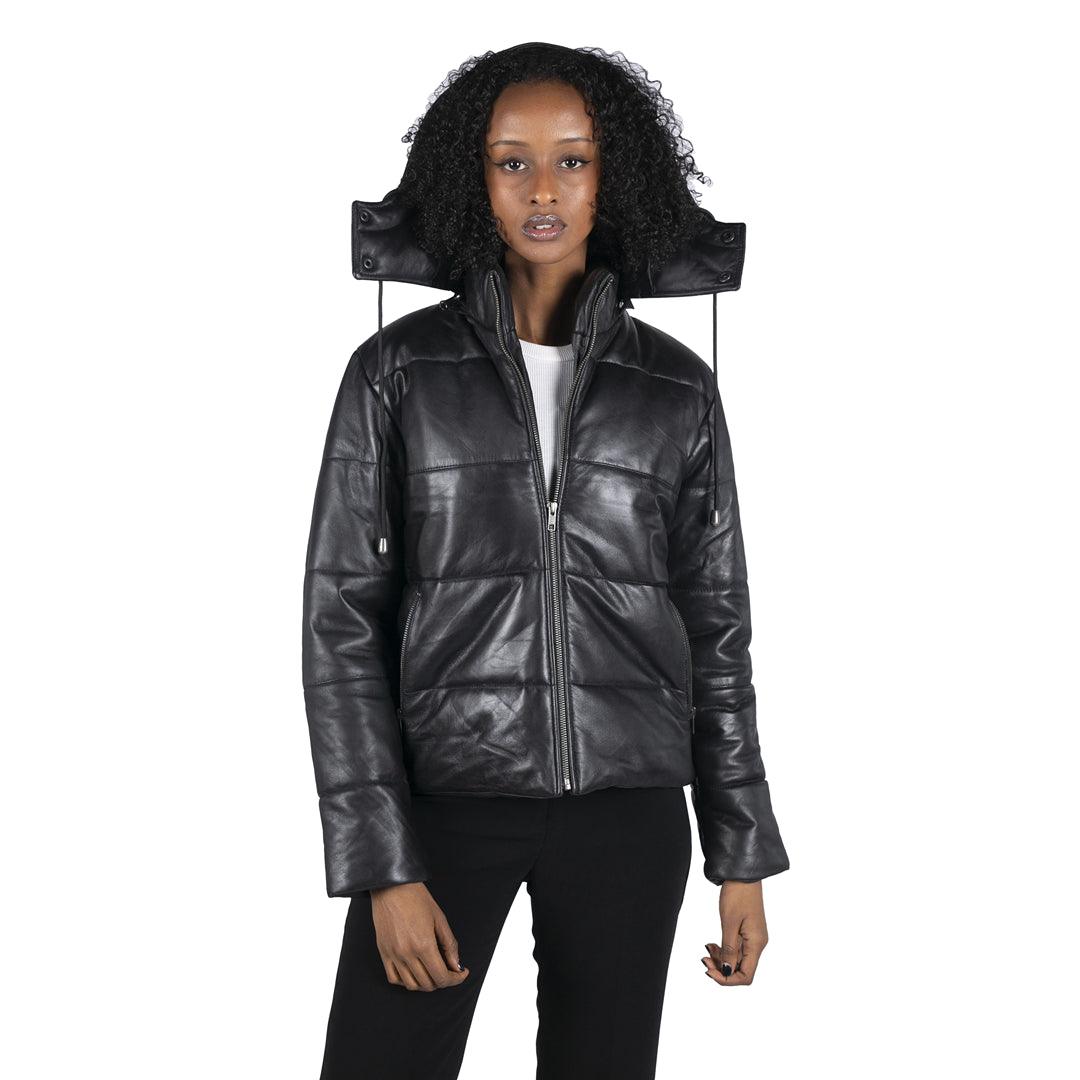 Womens Short Puffer Hood Jacket Real Leather Black Casual Retro 80s Classic Premium Cashmere Bomber