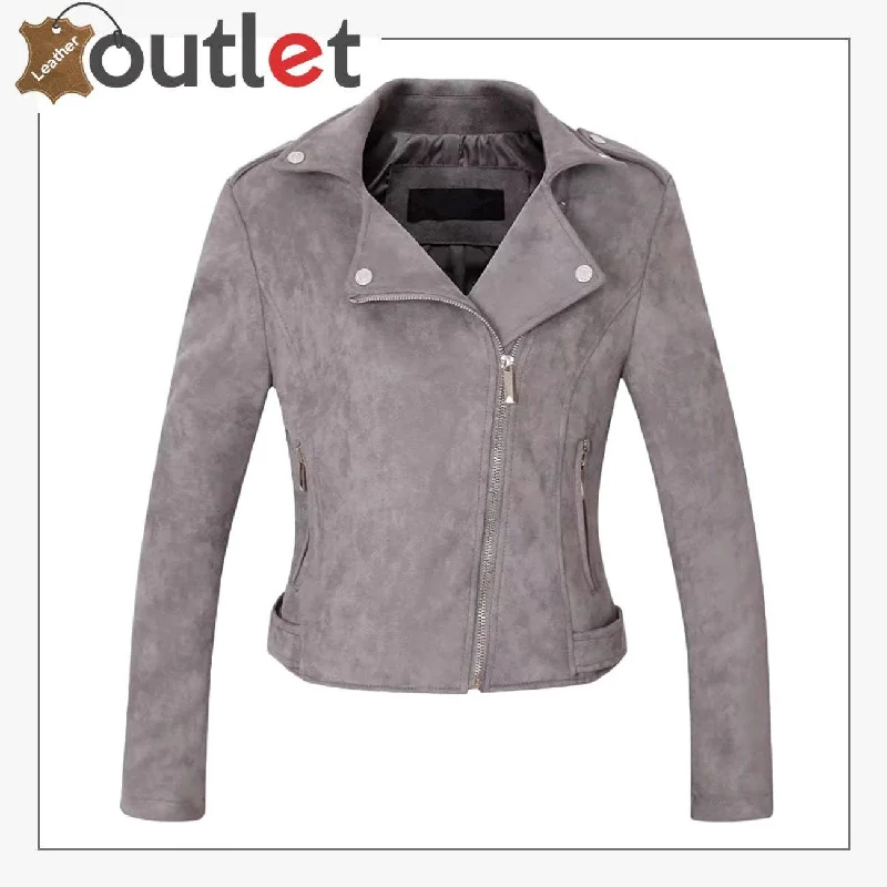 Womens Stylish Notched Collar Oblique Zip Leather Bomber Jacket Asymmetrical Zip Bomber