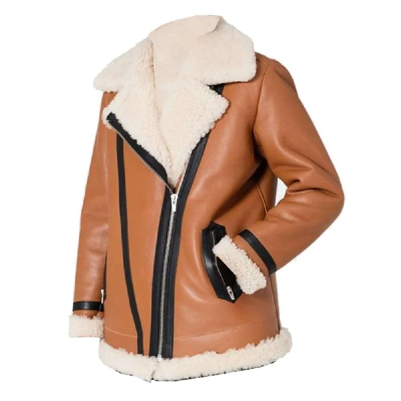 Women's Tan Biker Shearling Coat Lace Jacket Ribbed Jacket Sequined Jacket
