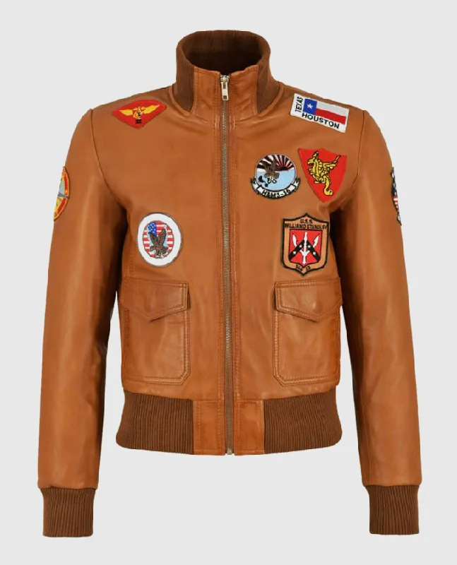 Women's Top Gun Brown Bomber Jacket With Badges V-Neck Jacket Boat Neck Jacket Square Neck Jacket