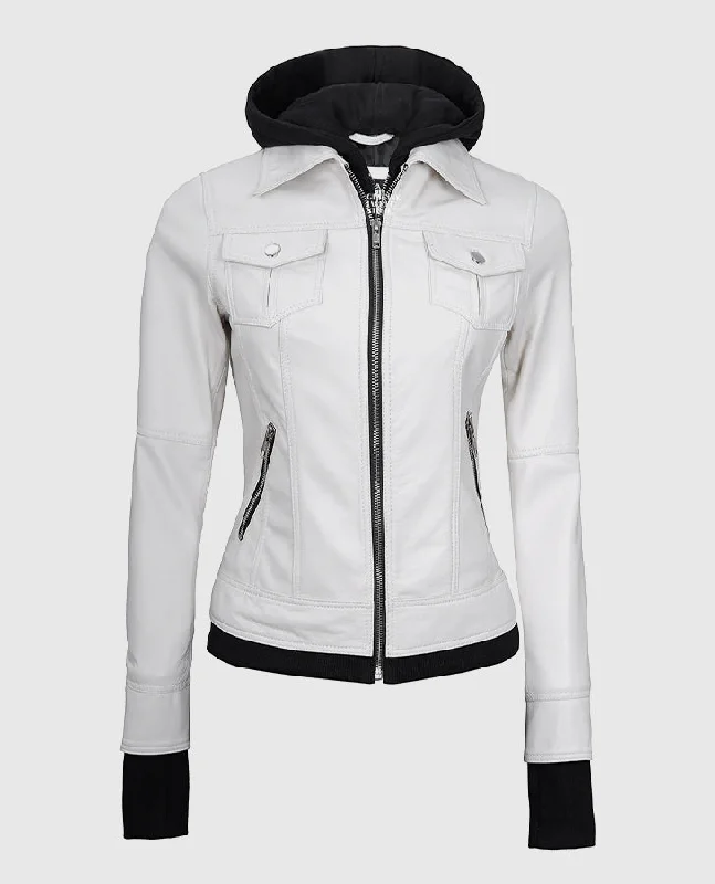 Women's White Bomber Leather Jacket with Hood Denim Fabric Leather Fabric Suede Fabric