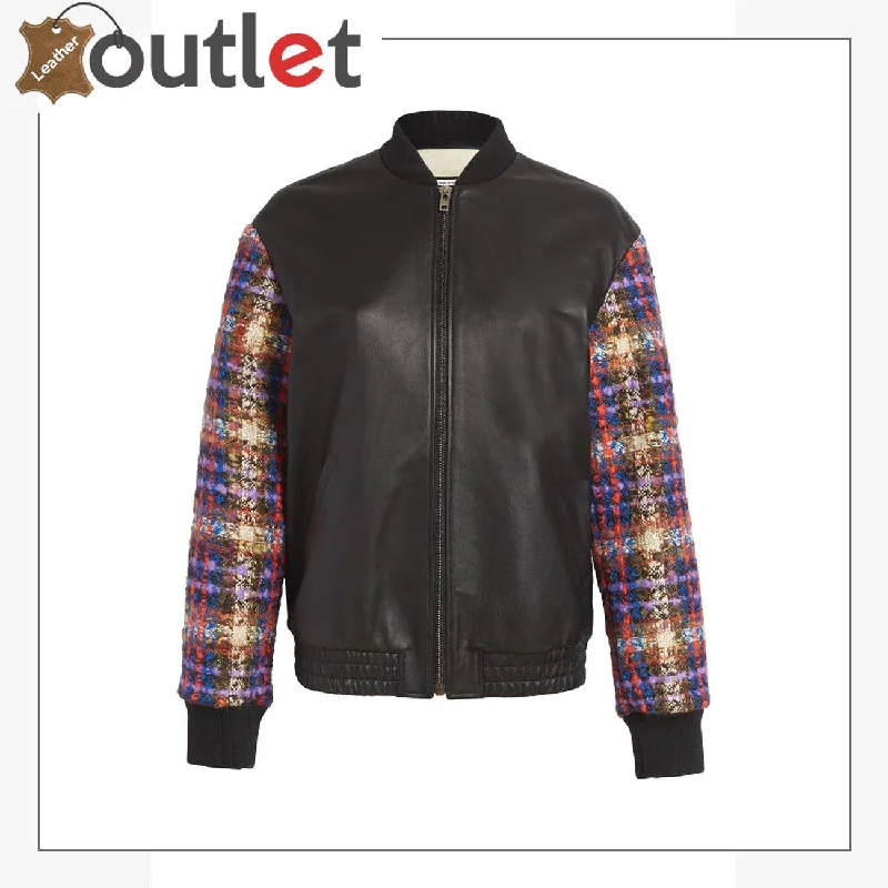 Wool Blend Tweed & Leather Bomber Jacket Lightweight Casual Bomber
