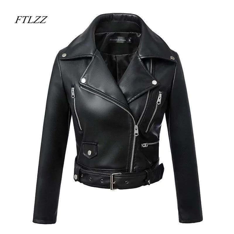 FTLZZ New Autumn Winter Black Faux Leather Women Jacket With Belt Wool Jacket Cashmere Jacket Tweed Jacket