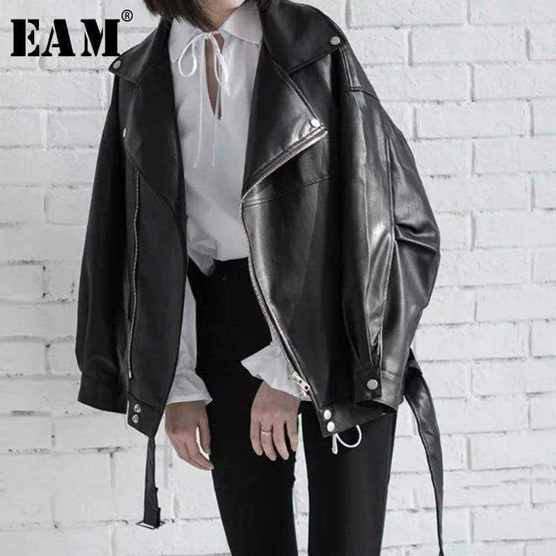 High Quality Spring Black PU Leather Loose Turn-down Women Jacket Welt Pockets Slit Pockets Flap Pockets