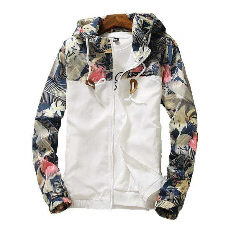 Hooded Spring Autumn Floral Causal Women Windbreaker Front Pockets Side Pockets Patch Pockets