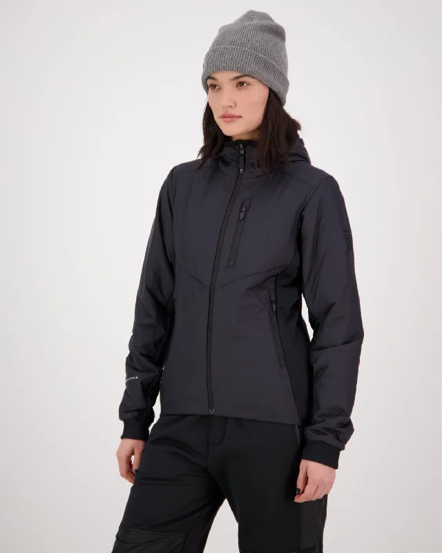Arete Merino Insulated Hooded Jacket - Black Knit Fabric Woven Fabric Fleece Fabric Arete Merino Insulated Hooded Jacket - Black Knit Fabric Woven Fabric Fleece Fabric