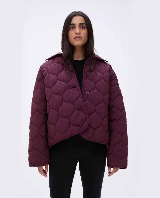 Collared Quilted Boxy Jacket - Dark Cherry Zip Front Button Front Snap Front