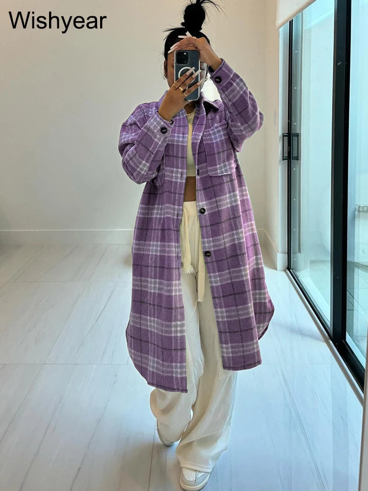 Elegant Spring Pockets Button Up Plaid Printed Long Shirts Blouses Fleece Jacket Down Jacket Feather Jacket