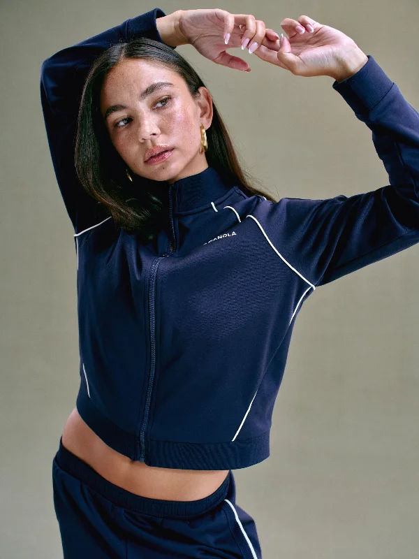 Jersey Track Jacket - Navy Blue Welt Pockets Slit Pockets Flap Pockets