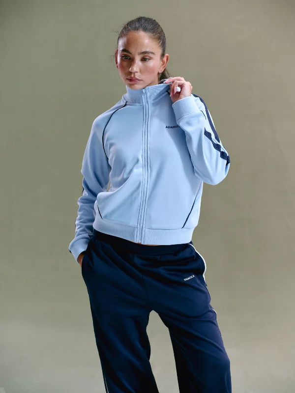Jersey Track Jacket - Powder Blue One-Shoulder Jacket Off-the-Shoulder Jacket Asymmetrical Jacket