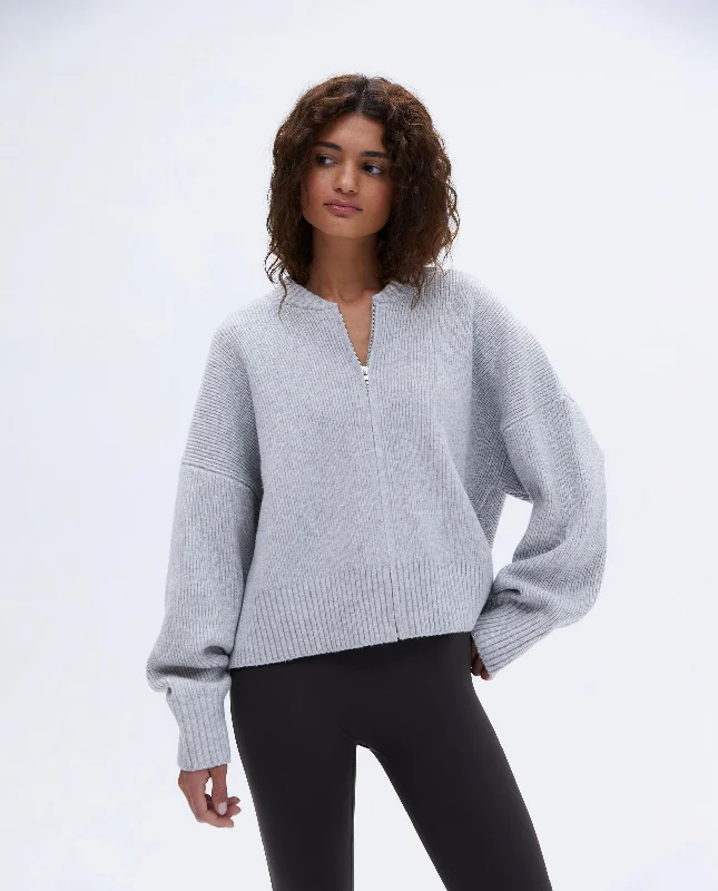 Knit Bomber Jacket - Grey Melange Boat Neck Shawl Collar Notched Collar