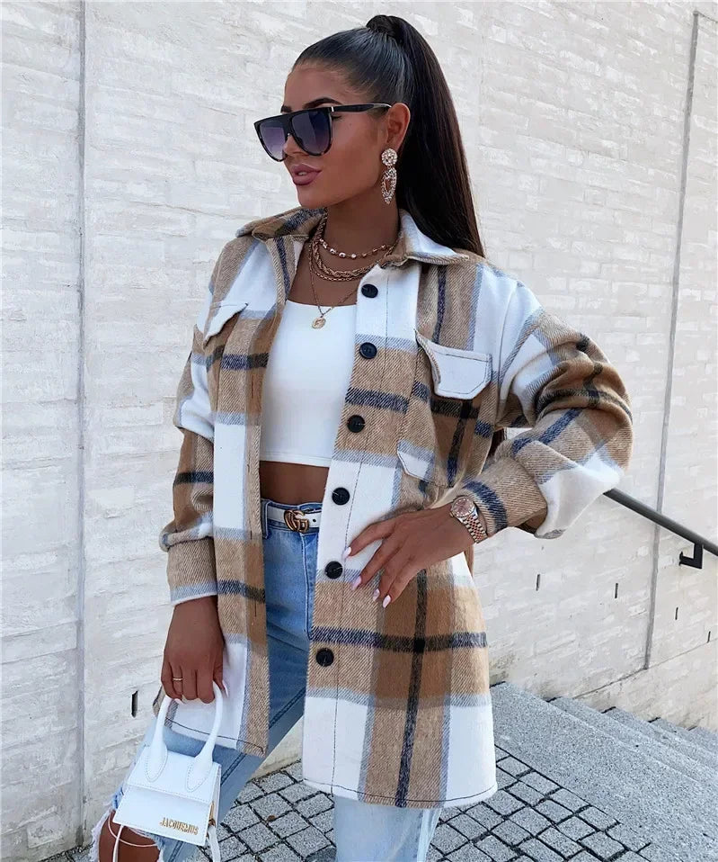 "Plaid Pocket Shacket: Stylish Women's Coat" Rayon Jacket Velvet Jacket Corduroy Jacket
