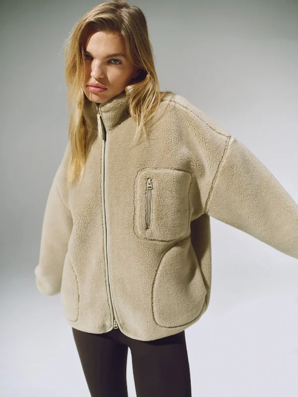 Oversized Pocket Zip Through Fleece - Sand Herringbone Jacket Checkered Jacket Solid Jacket
