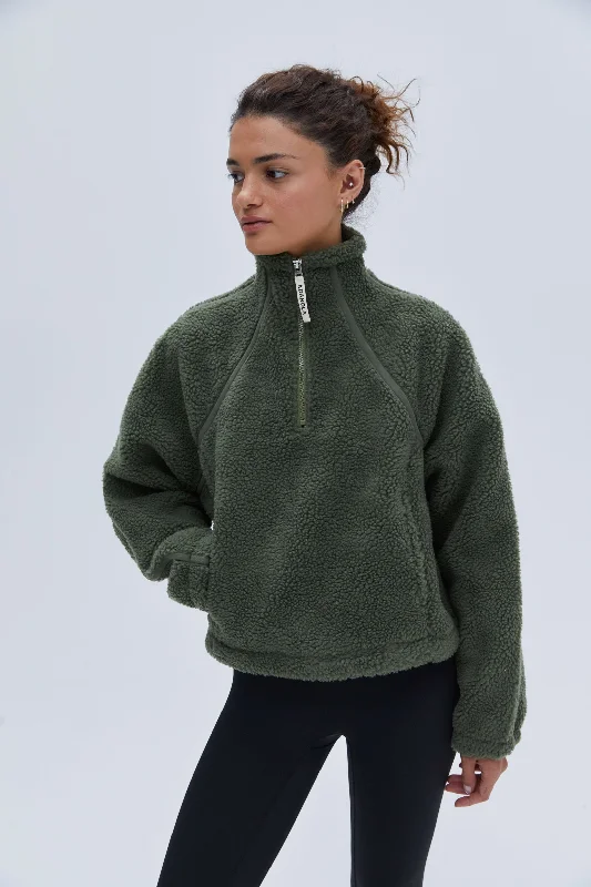 Quarter Zip Fleece - Khaki Green Notch Collar Jacket Peter Pan Collar Jacket Cowl Neck Jacket