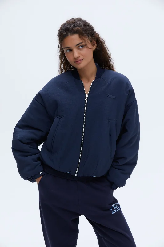 Reversible Bomber Jacket - Powder Blue/Navy Blue Stand-Up Collar Roll-Neck Collar Turtle Neck