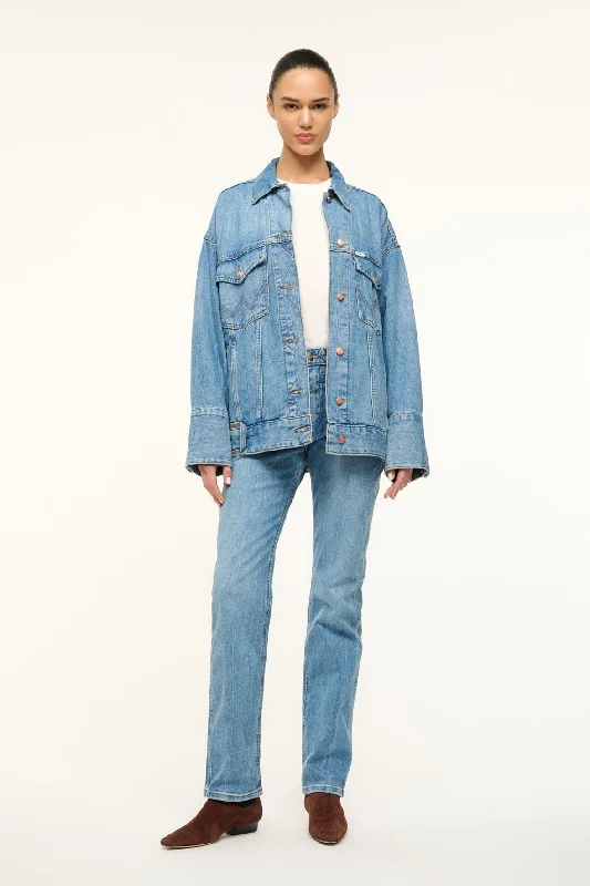 STAUD + WRANGLER THE BIGGEST JEAN JACKET | MID BLUE Print Jacket Jacquard Jacket Patchwork Jacket