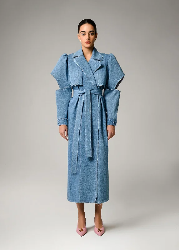 AQUA DENIM TRENCH Belted Wool Overcoat