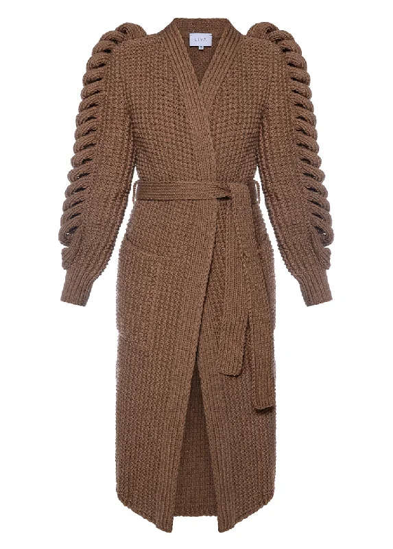 BROWN HAND KNITTED COAT Vegan Leather Trench