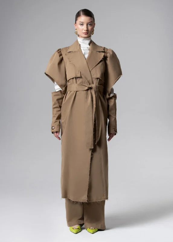 BELTED PUFF-SLEEVE TRENCH Button-Up Cardigan Coat