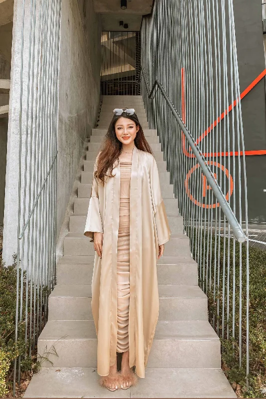 Benazir Satin Longline Cardigan in Taupe Waterproof Hiking Jacket