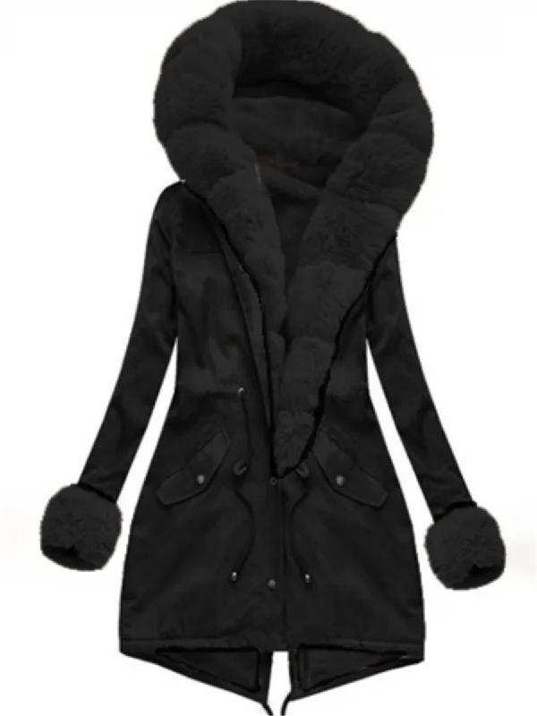 Black Fur Collar Stitching Cotton Coats Stretchy Active Jacket