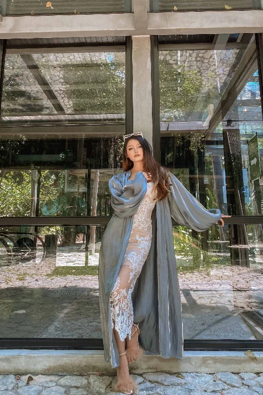 Elaiqe Balloon Sleeved Longline Cardigan in Grey Elegant Cape Blazer