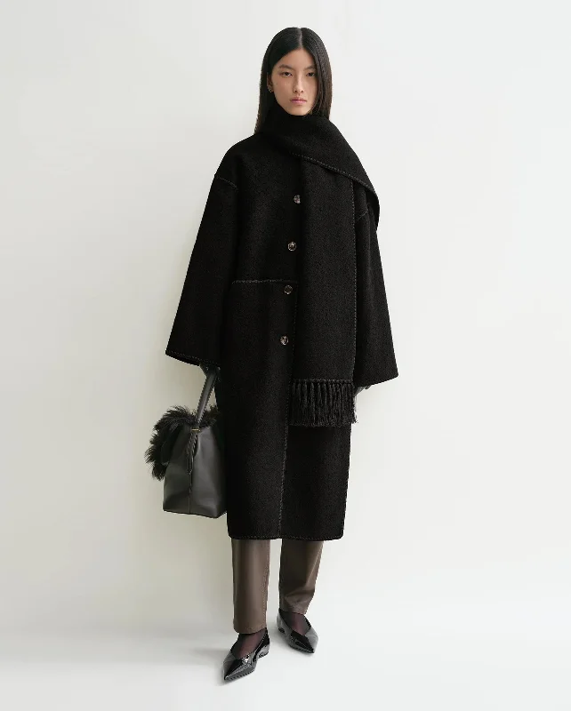 EMBROIDERED SCARF COAT / BLACK Collared Pea Coat