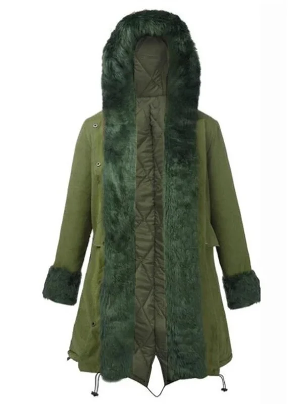 Fashion Solid Color Fur Collar Stitching Loose Coats Long Hooded Anorak